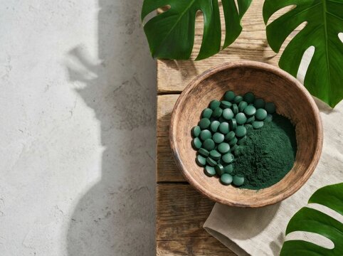 Green spirulina chlorella algae tablets and pure powder in wooden bowl with monstera leaf