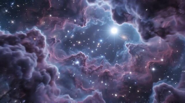 Deep space nebula with glowing stars and distant spiral galaxies drifting through the dark cosmos with interstellar nebula filled purple blue interstellar star clusters distant