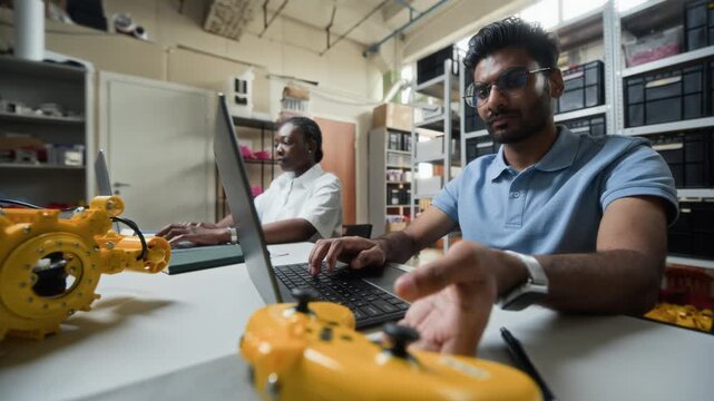 Indian young adult male engineer typing on laptop and holding yellow controller while programming robot in laboratory. Low angle shot is ideal for tech startup recruitment videos