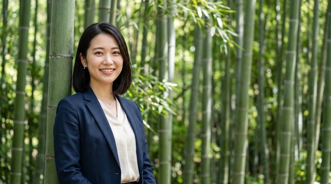 プロフィール写真をイメージした、豊かな竹林にある一本の竹にもたれかかり、穏やかな笑顔をカメラに向けている、知的な印象の20代日本人女性社員のバストアップポートレート
