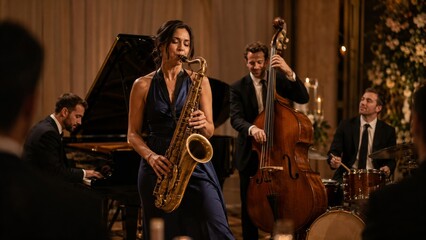 Naklejka premium Reception live jazz band – Multiracial jazz band quartet at outdoor reception photo stock image