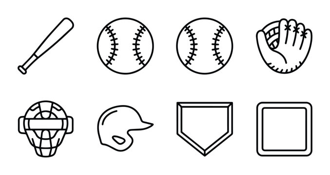 Baseball Icons Set: Bat, Balls, Glove, Catcher's Mask, Helmet, Bases, Vector Graphics