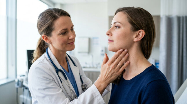Doctor examining patient's neck for thyroid issues in medical office