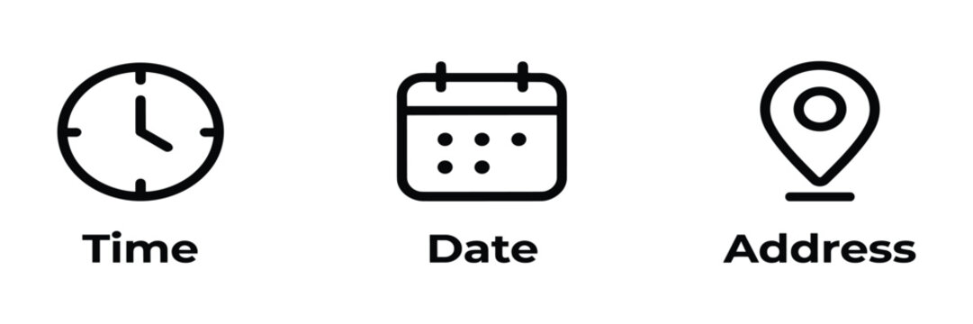 Event details icon set with clock and calendar for invitations