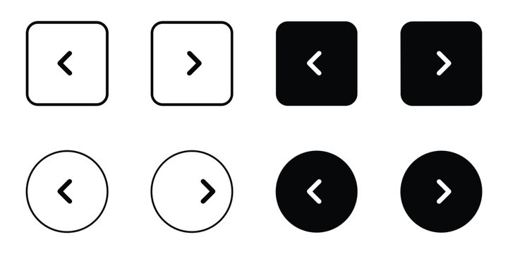 Chevron arrow button icon set with square and circle shapes