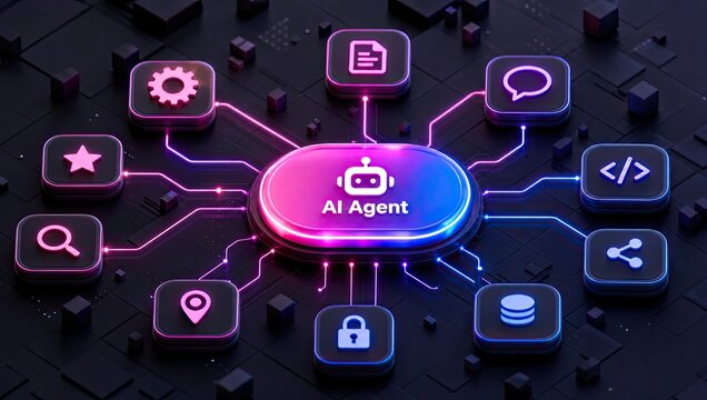 Smart AI agent robot icon at center of multi colored neon network connecting search lock cloud chat and code modules on black industrial grid.