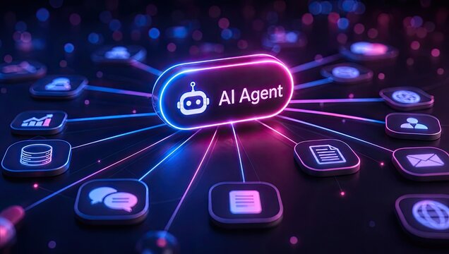 AI agent connected to various service icons glowing with neon blue and pink light on a dark background.