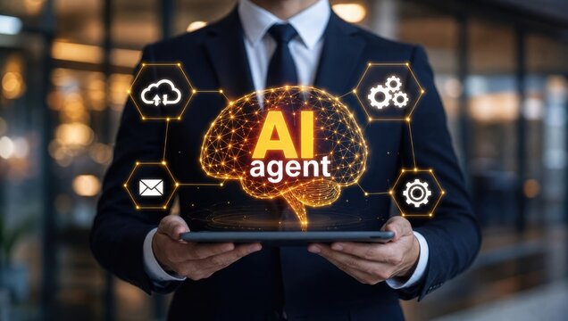 Business executive holding tablet displaying ai agent glowing brain icon signifies leadership in cognitive computing and strategic technological implementation.