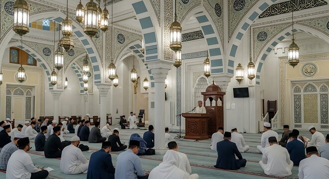 Muslim men sitting in ornate mosque interior listening to religious sermon and prayer