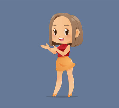 Cheerful businesswoman cartoon character standing and presenting with an open hand gesture, smiling warmly as she explains or communicates an idea.