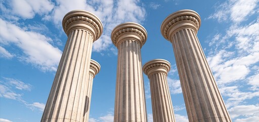 Fototapeta premium Tall classical Greek columns showcase smooth marble texture beneath a vivid sky, representing lasting heritage and durability.