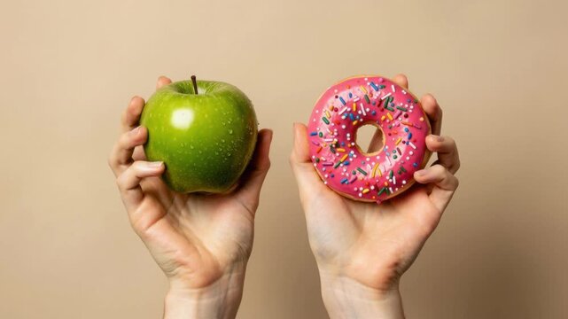 Hands holding fresh green apple and colorful pink sprinkled donut healthy choice concept