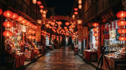 Naklejka premium Lantern-lit Street Market at Night: A vibrant, traditional street market glows under the warm light of countless red lanterns, offering a glimpse into cultural festivities and commerce.