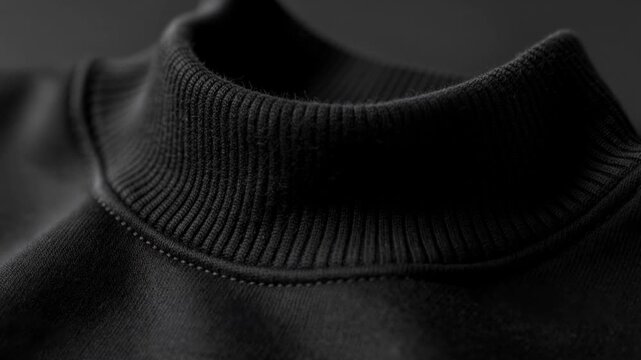 Close up of black ribbed turtleneck sweater fabric texture and stitching detail