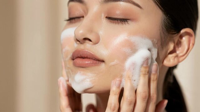 Close up of young woman cleansing her face with foam cleanser for healthy glowing skin