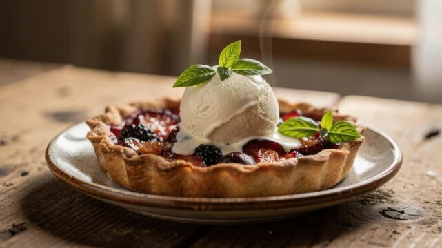 Delicious homemade fruit tart with vanilla ice cream and fresh mint leaves on rustic wooden table
