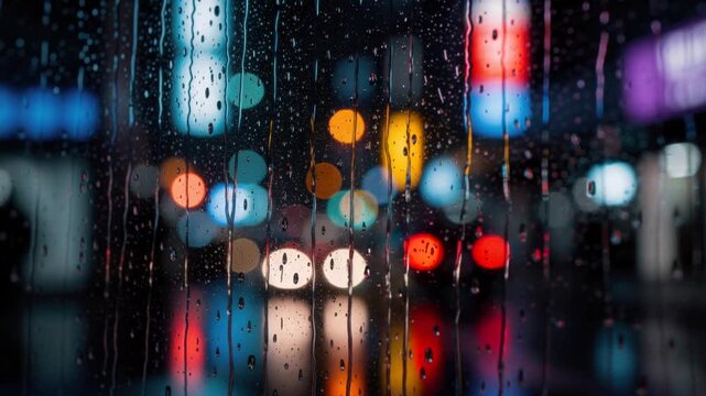 Night city lights blurred through rain covered window with colorful bokeh and water droplets