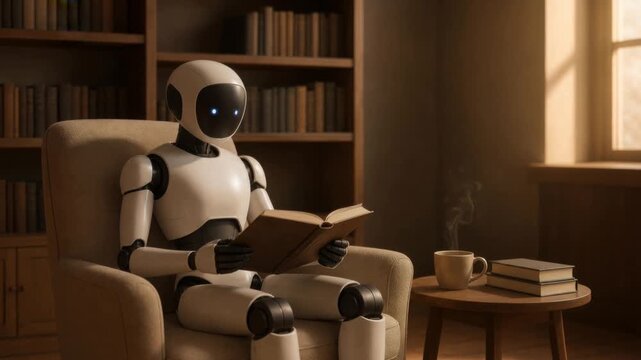 Futuristic robot reading book in cozy library with warm sunlight and steaming coffee cup on table