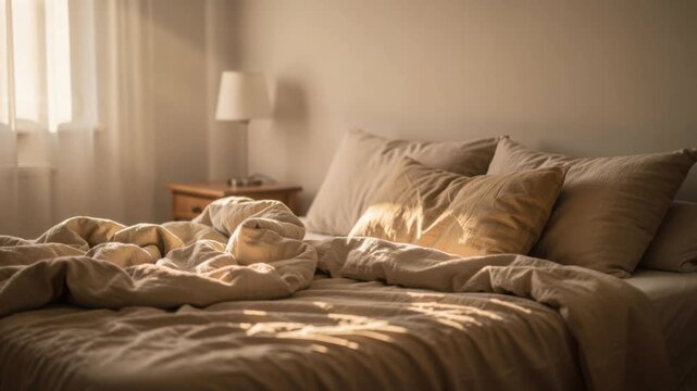 Cozy unmade bed with warm sunlight and soft beige bedding in peaceful bedroom interior