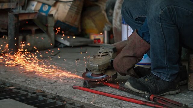 Professional worker using angle grinder power tool to cut metal piece with bright spark flying on concrete floor in workshop construction site