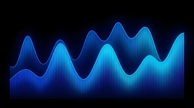 Abstract blue sound wave audio frequency equalizer on a dark background with blue waves