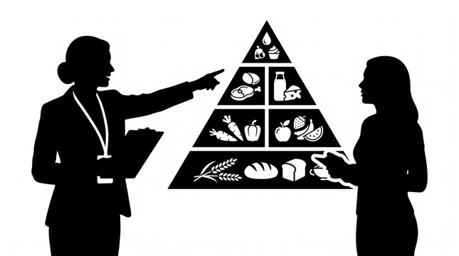 Silhouette of a nutritionist pointing at a food pyramid chart for a client