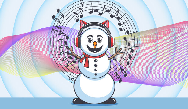 Vector cartoon funny smiling joyful and cute snowman wearing headphones and listening to music. Musical patterns and waves. Winter and party. Holiday poster