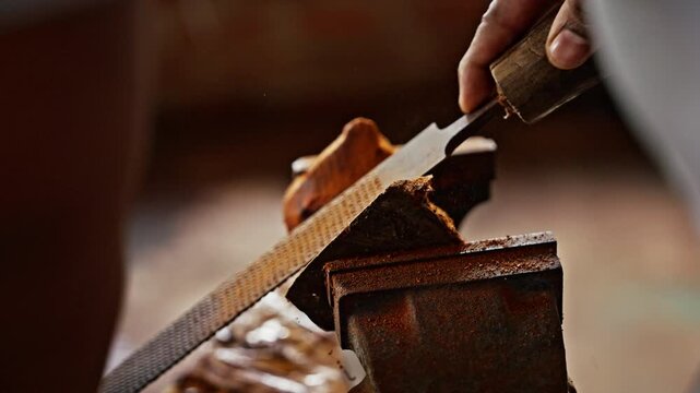 Close view of a craftsman filing a small wooden carving clamped in a rusty vice in a traditional workshop in Sri Lanka. Every piece is shaped entirely by hand.
