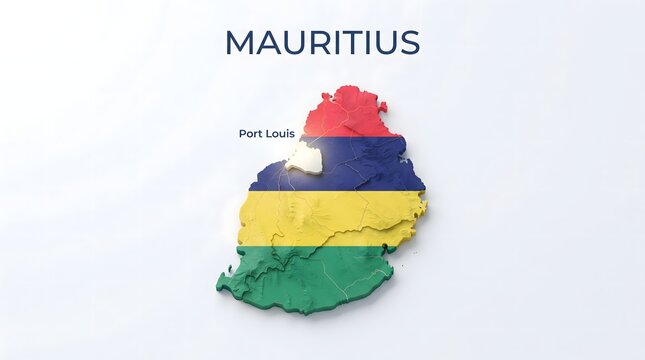3D Map of Mauritius with Flag Texture and Highlighted Capital City Port Louis Isolated on Black Background