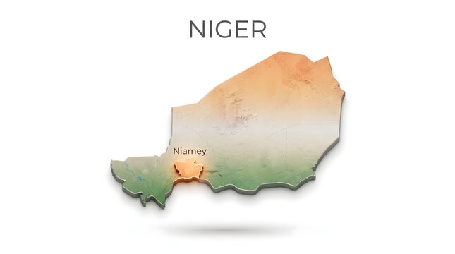 3D Map of Niger with Flag Texture and Highlighted Capital City Niamey Isolated on Black Background