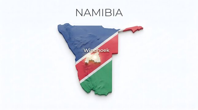 3D Map of Namibia with Flag Texture and Highlighted Capital City Windhoek Isolated on Black Background