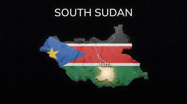 3D Map of South Sudan with Flag Texture and Highlighted Capital City Juba Isolated on Black Background
