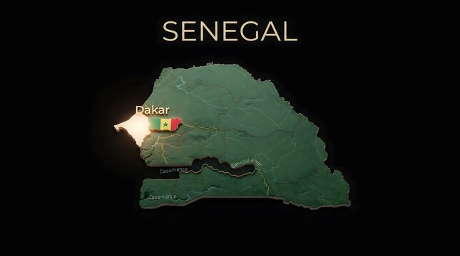 3D Map of Senegal with Flag Texture and Highlighted Capital City Dakar Isolated on Black Background