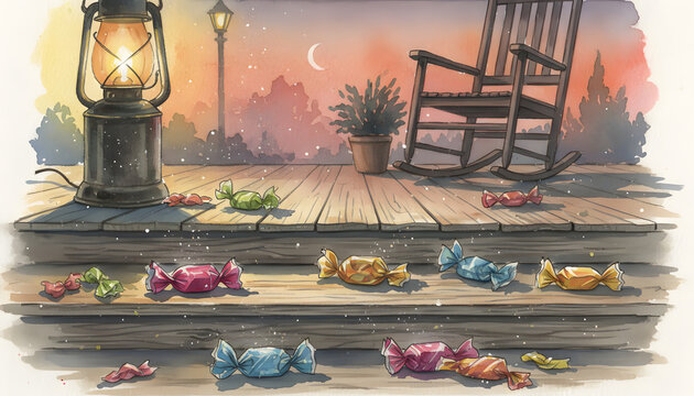 Colorful toy cars on wooden porch at sunset with rocking chair and lantern