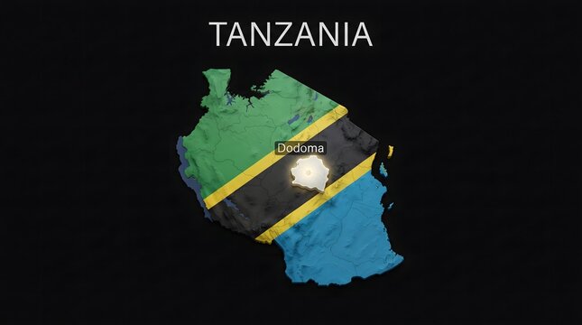 3D Map of Tanzania with Flag Texture and Highlighted Capital City Dodoma Isolated on Black Background