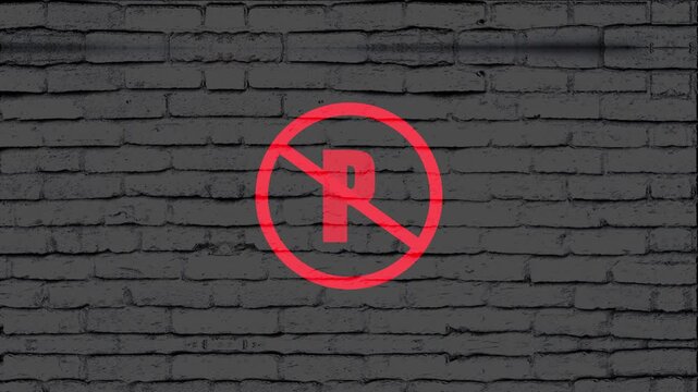 Roadsign forbidding parking features a vibrant red letter P encased within a circular boundary mounted on a rugged dark brick wall, highlighting essential parking restrictions for drivers in the city.