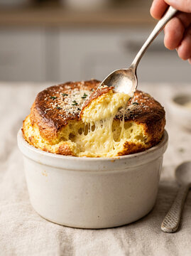A delicious homemade cheese souffle being scooped with a silver spoon from a ceramic ramekin.