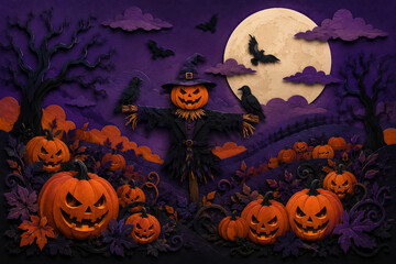Fototapeta premium Spooky layered paper cut Halloween scene in black, purple and orange, featuring gothic characters, pumpkins, bats, moonlit landscapes and dark copy space.