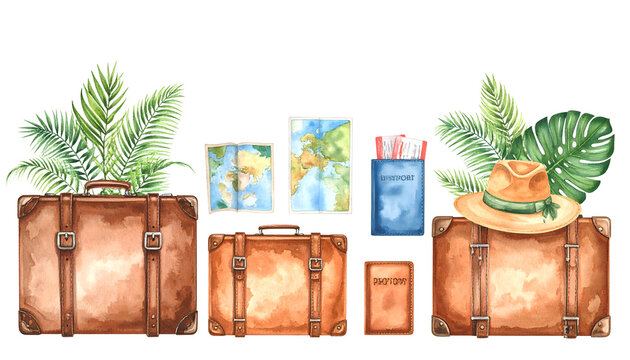 Travel-themed vintage luggage with tropical plants and postcards