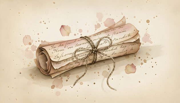 Rolled parchment scroll with string and ink splatters for historical or artistic themes