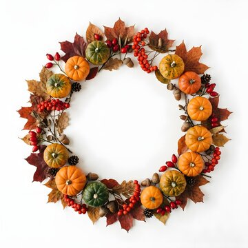 Decorative autumn wreath made of colorful fall leaves small pumpkins and red berries isolated on white background