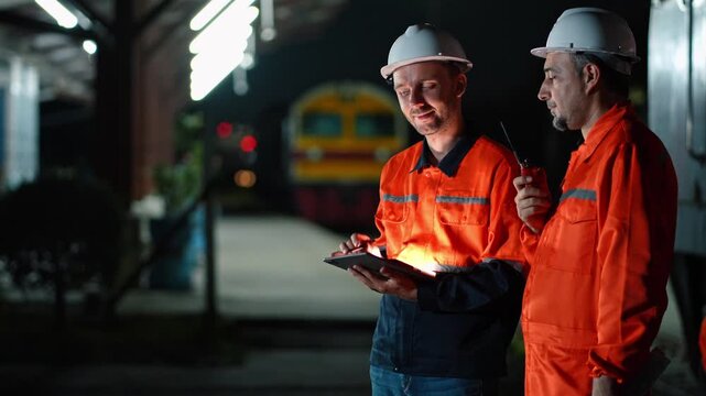 Railway engineer pointing forward while holding digital tablet device to instruct colleague holding radio transceiver during night track inspection