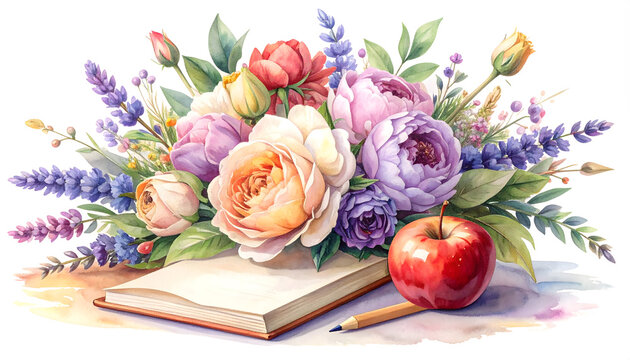 Floral arrangement with open notebook and apple for spring or education
