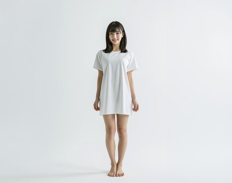 A cheerful young Japanese woman smiles naturally in a clean minimal studio, bright white with a fresh approachable look for commercial lifestyle, and advertising use.