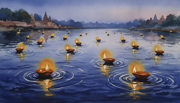 Nighttime Lantern Festival with Floating Lights on Water