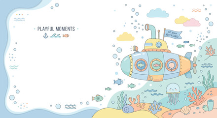 Naklejka premium A cute underwater vector illustration featuring a colorful submarine, sea creatures, coral reefs, and decorative frame elements.