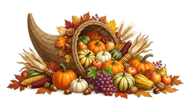 Traditional thanksgiving cornucopia filled with fresh autumn harvest vegetables fruits and colorful fall leaves on white background