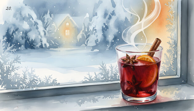 Glass of mulled wine with cinnamon and orange on winter windowsill
