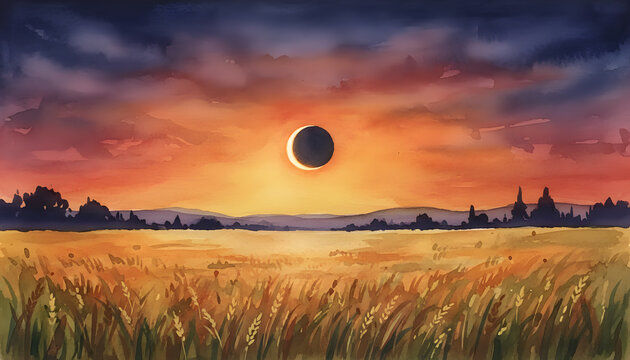Solar Eclipse Over a Golden Field at Sunset with Dark Sky
