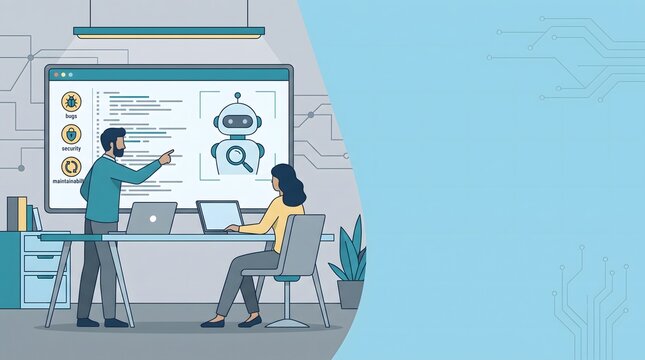 Software developers working together on artificial intelligence project in a modern office.